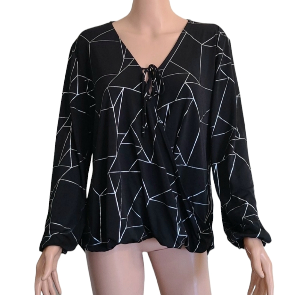 CATO Black/silver Geometric long-sleeved Crossed Blouse size M